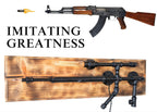 Weapon replica with wooden stock and metal components on a white background, accompanied by text 'IMITATING GREATNESS'.