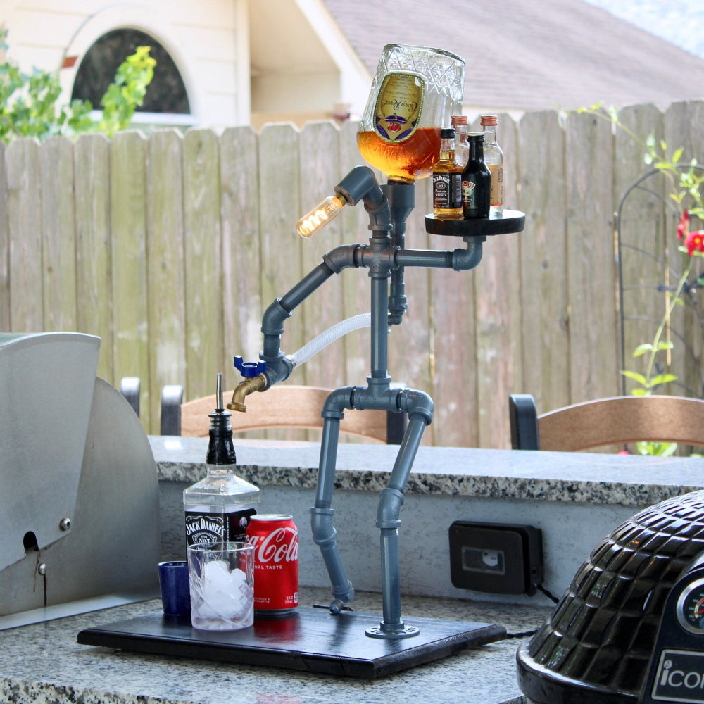 Bar-themed lamp with bottles and glasses on a patio