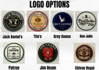 Various liquor brand logos displayed with labels underneath.