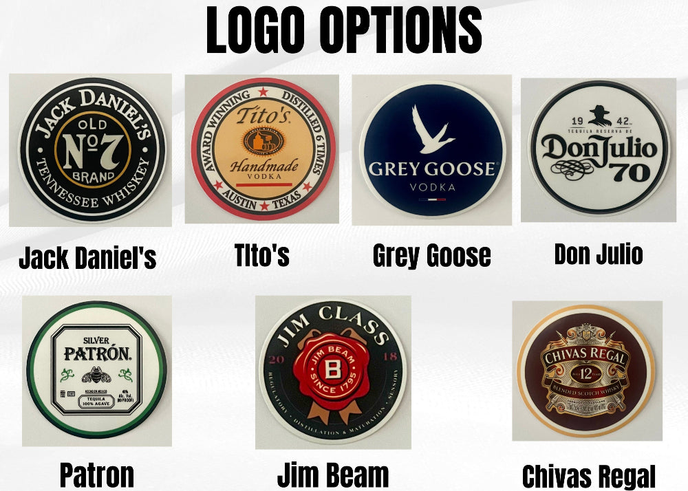 Various liquor brand logos displayed with labels underneath.