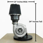 Turbocharger with dimensions labeled on a white background