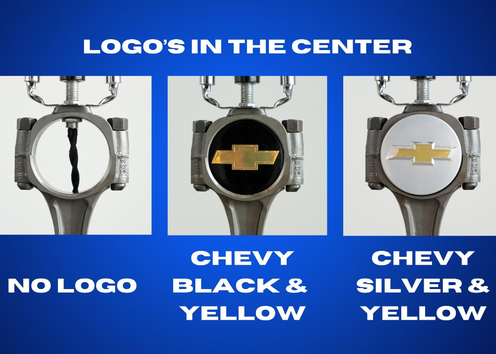 Chevy engine piston lamp crafted from authentic performance parts, designed for garages, offices, and car themed spaces.