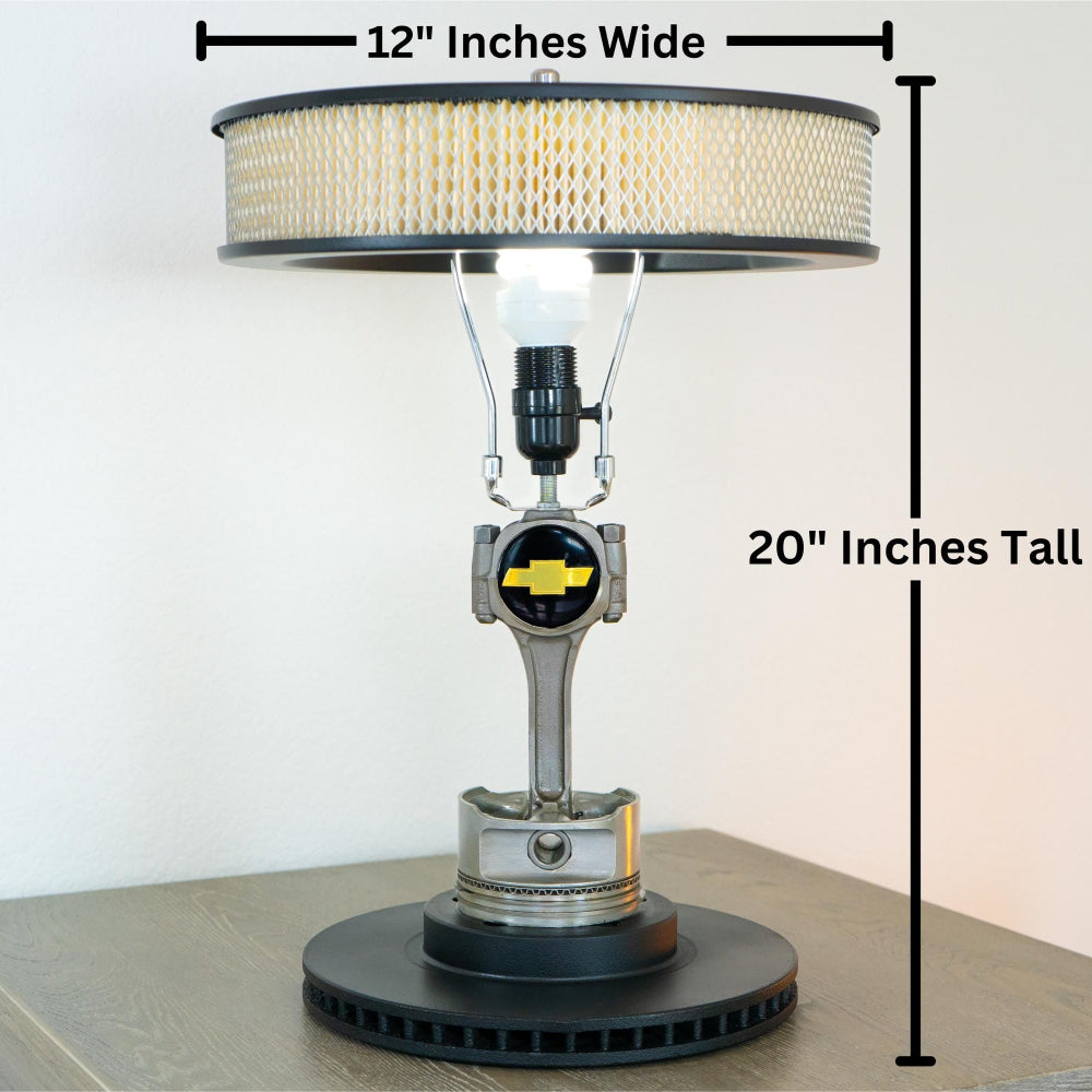 Chevy piston lamp styled to work as home decor while preserving authentic automotive character.