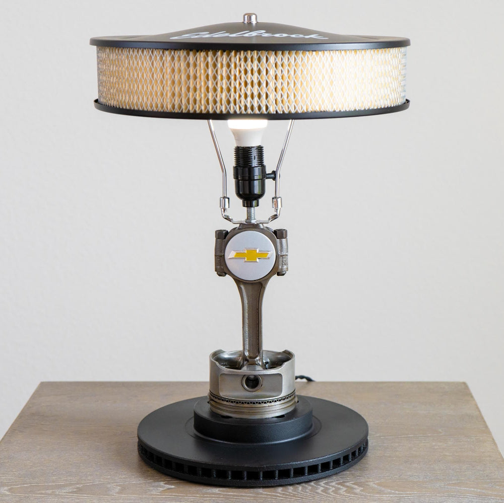 Chevy V8 lamp topped with an Edelbrock air intake, giving the piece a recognizable high performance look.