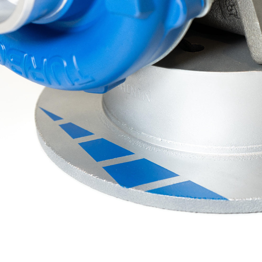 Turbo lamp with a hand painted silver rotor base featuring blue racing stripes for street inspired style.