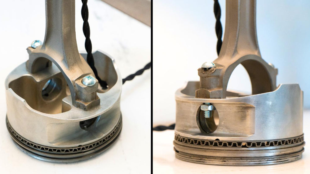 Handcrafted piston table lamp built one at a time using real automotive components for unique design.