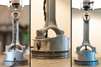 Industrial style piston table lamp featuring a flipped connecting rod and matte black lampshade for contemporary contrast.
