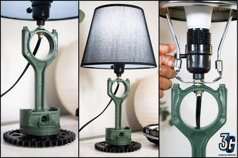 Modern automotive piston lamp that blends clean interior design with mechanical structure.