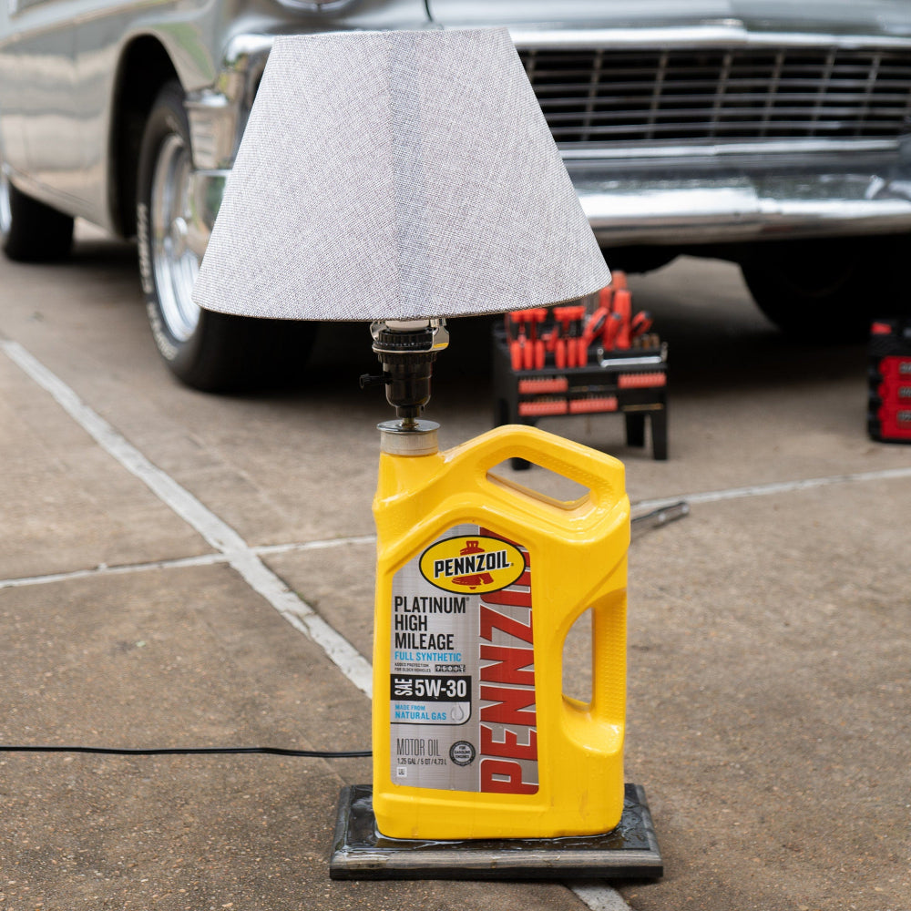 Motor oil themed lamp designed for car lovers and automotive workspaces.
