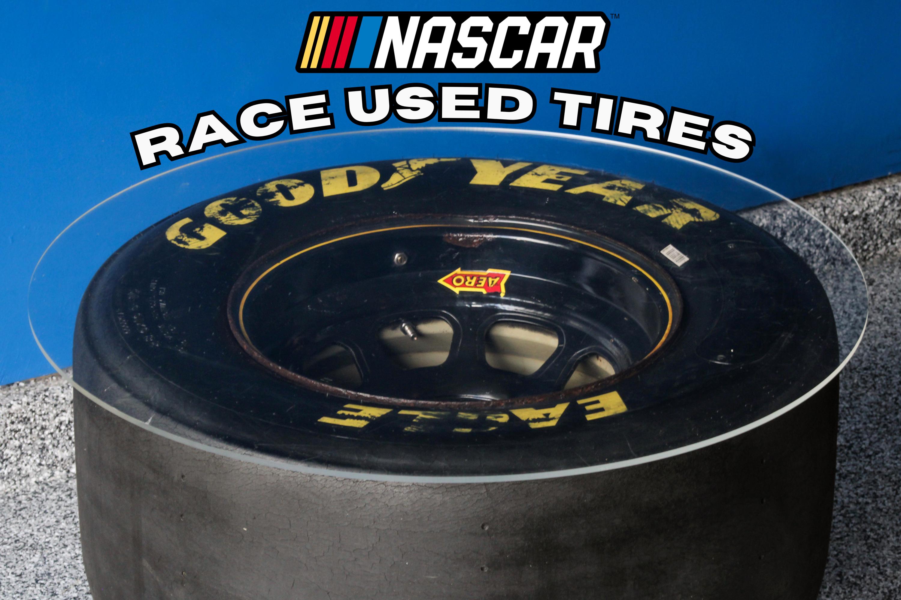 Racing tire table handcrafted from a retired NASCAR tire, designed as durable automotive decor for garages and man caves.