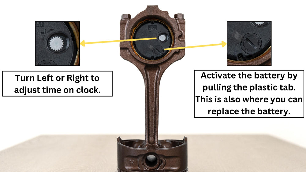 Piston office clock built from real engine component with clean mechanical design and easy to read face.
