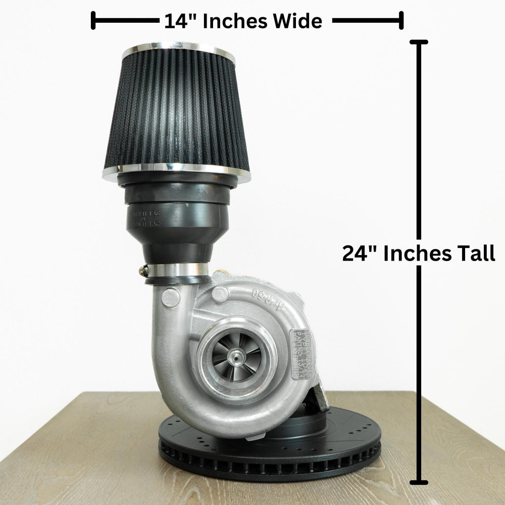 Turbocharger lamp made from real car parts, designed with industrial metal elements and durable construction for automotive-themed spaces.