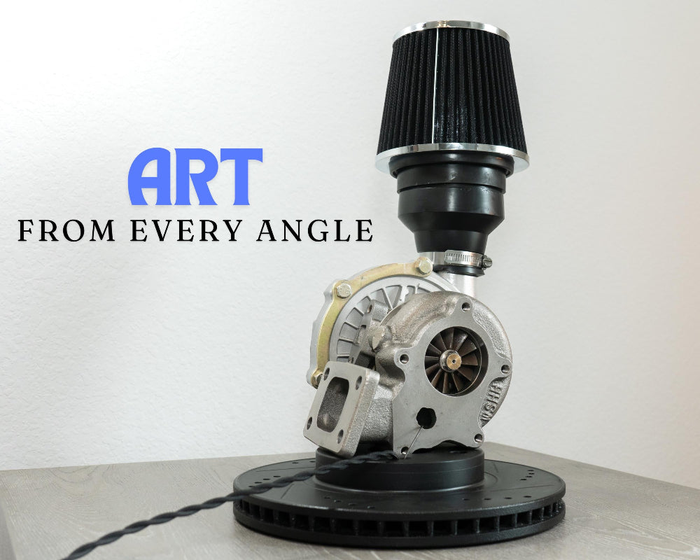 Turbocharger lamp made from real car parts, featuring metal automotive components and integrated lighting for bold interior decor.